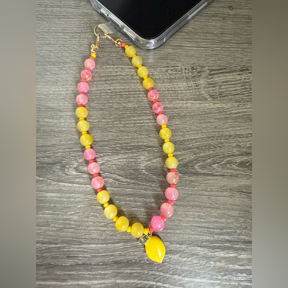 Handmade Pink and Yellow Beaded Phone Charm /Strap